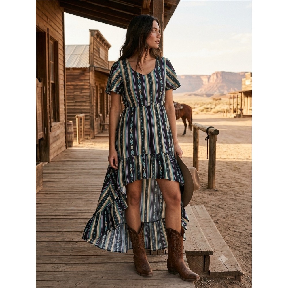 Wrangler Retro Womens XL Southwestern High Low Dress Striped Rayon 112322118